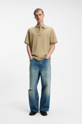 Cotton-piqu&eacute; polo shirt with blue logo badge, Beige