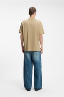 Cotton-piqu&eacute; polo shirt with blue logo badge, Beige