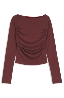 Slim-fit cupro top with modern boatneck, Brown
