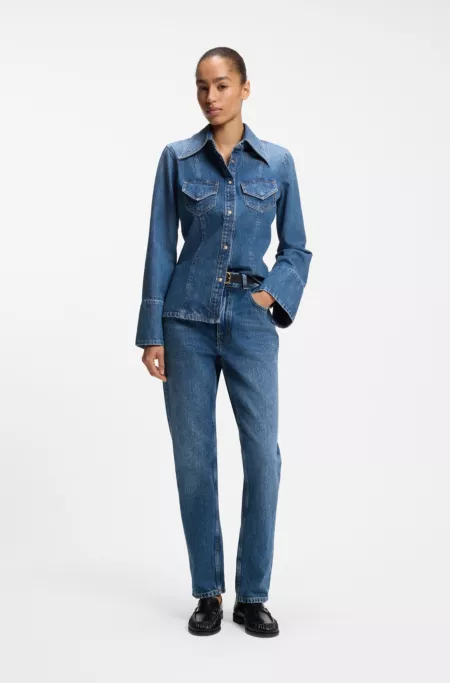 Slim-fit blouse in rigid crosshatch denim