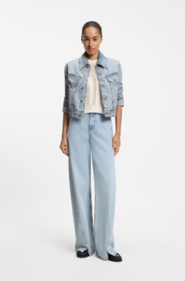 Slim trucker jacket in marble-wash denim, Light Blue