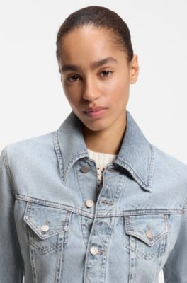 Slim trucker jacket in marble-wash denim, Light Blue