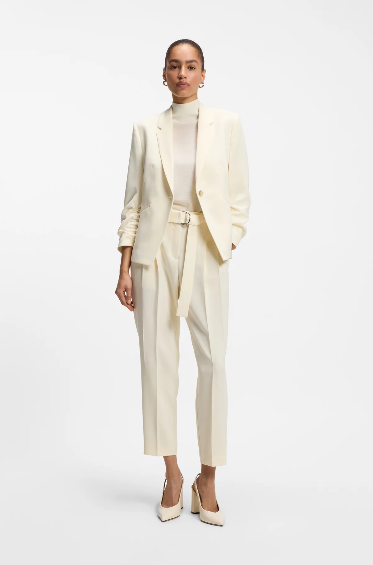 Blazer Slim en crêpe japonais avec manches froncées, Beige clair