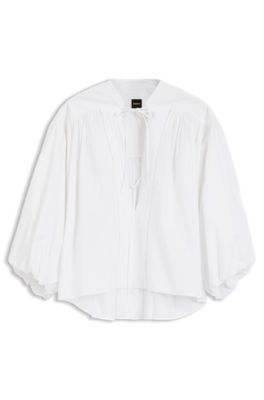 Blusa relaxed fit en popel&iacute;n de algod&oacute;n con manga globo, Blanco