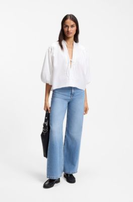 Relaxed-fit cotton-poplin blouse with balloon sleeves, White
