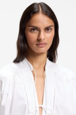 Relaxed-fit cotton-poplin blouse with balloon sleeves, White
