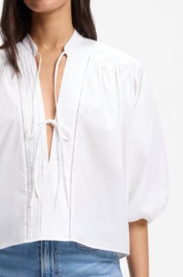 Relaxed-fit cotton-poplin blouse with balloon sleeves, White