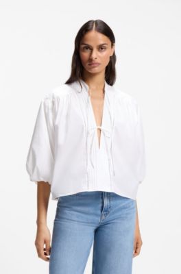 Blusa relaxed fit en popel&iacute;n de algod&oacute;n con manga globo, Blanco
