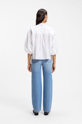 Relaxed-fit cotton-poplin blouse with balloon sleeves, White