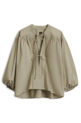 Relaxed-fit cotton-poplin blouse with balloon sleeves, Light Green