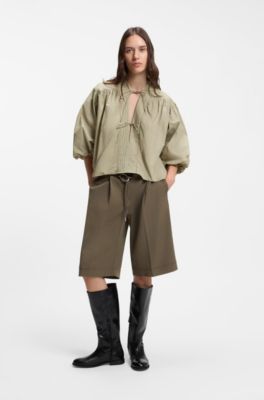 Relaxed-fit cotton-poplin blouse with balloon sleeves, Light Green