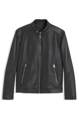 Grained leather jacket with logo trim, Black