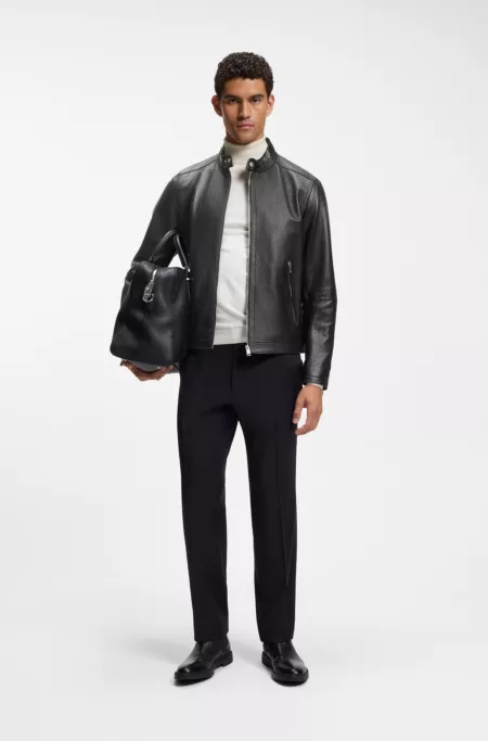 Grained leather jacket with logo trim