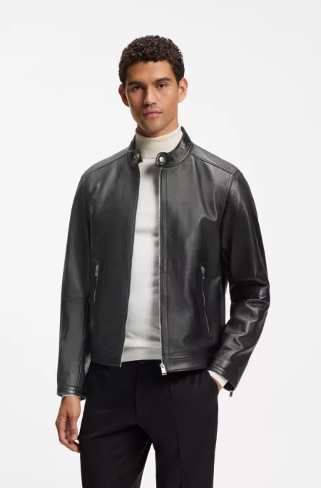 Grained leather jacket with logo trim
