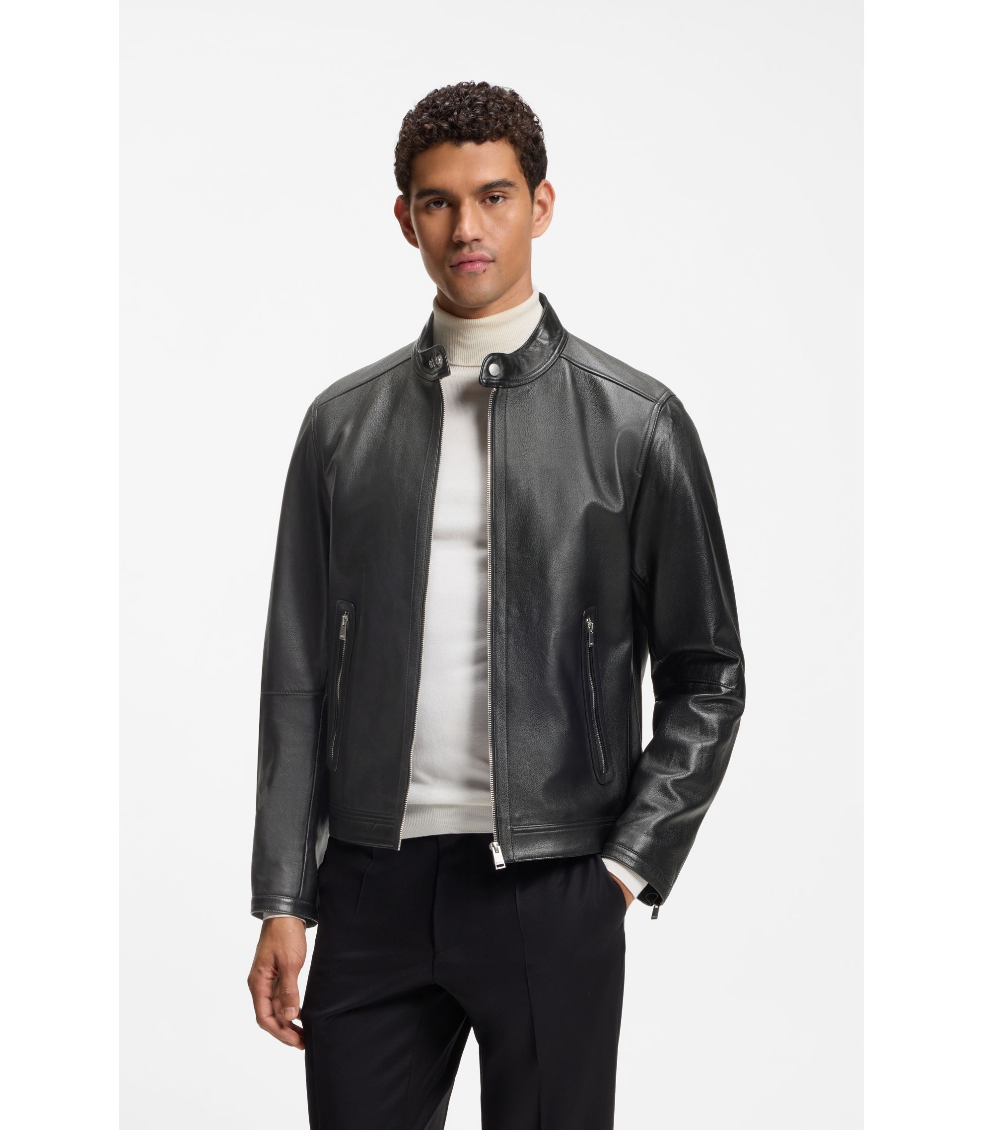 Grained leather jacket with logo trim
