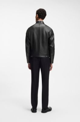 Grained leather jacket with logo trim, Black
