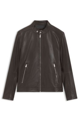 Grained leather jacket with logo trim, Light Brown