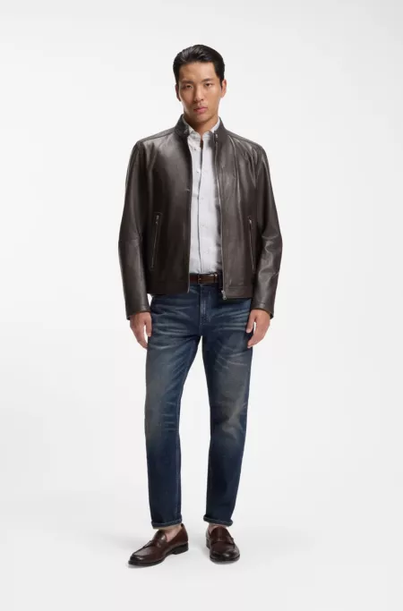 Grained leather jacket with logo trim