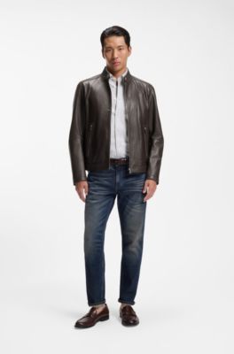 Grained leather jacket with logo trim, Light Brown