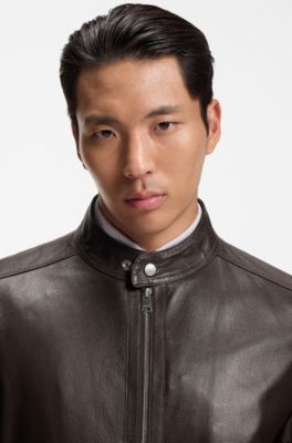 Grained leather jacket with logo trim, Light Brown