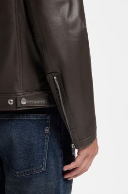 Grained leather jacket with logo trim, Light Brown