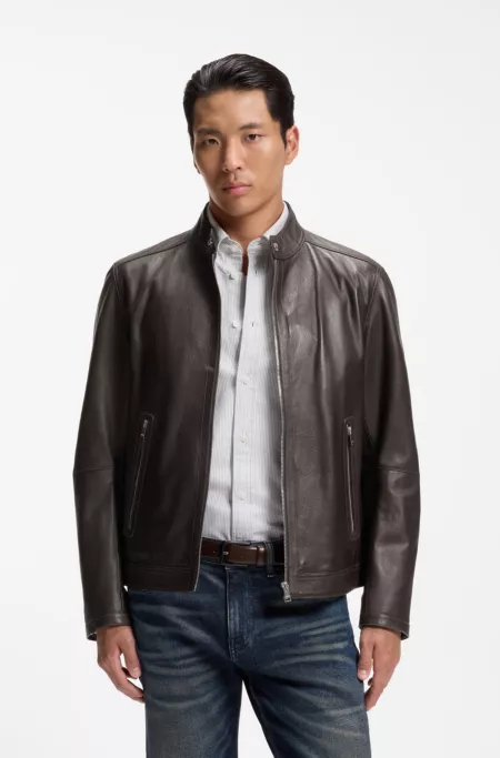 Grained leather jacket with logo trim