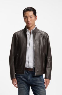 Grained leather jacket with logo trim, Light Brown