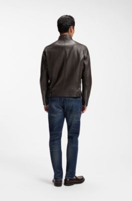 Grained leather jacket with logo trim, Light Brown