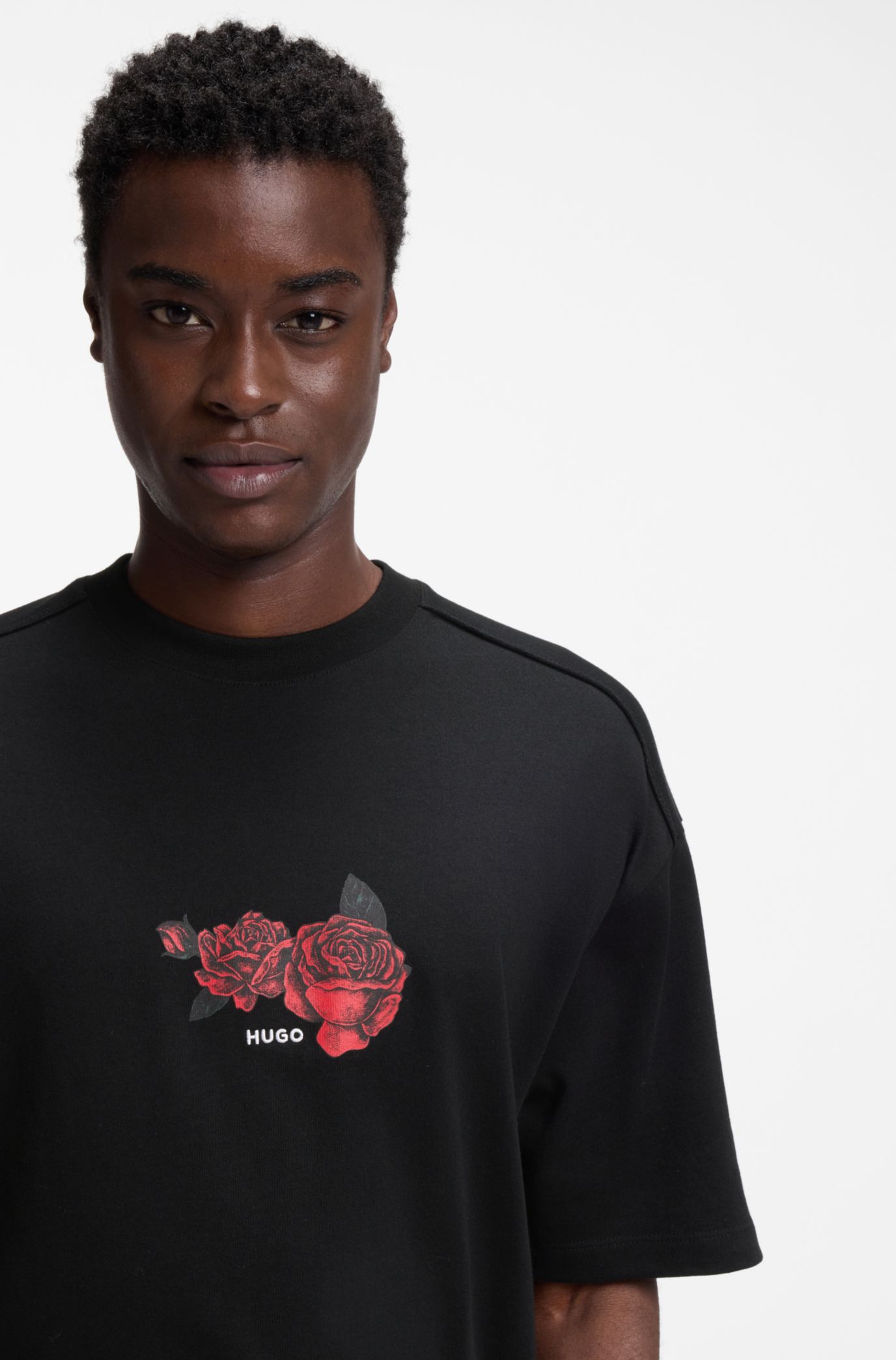 HUGO - Rose-artwork T-shirt in cotton jersey - Black