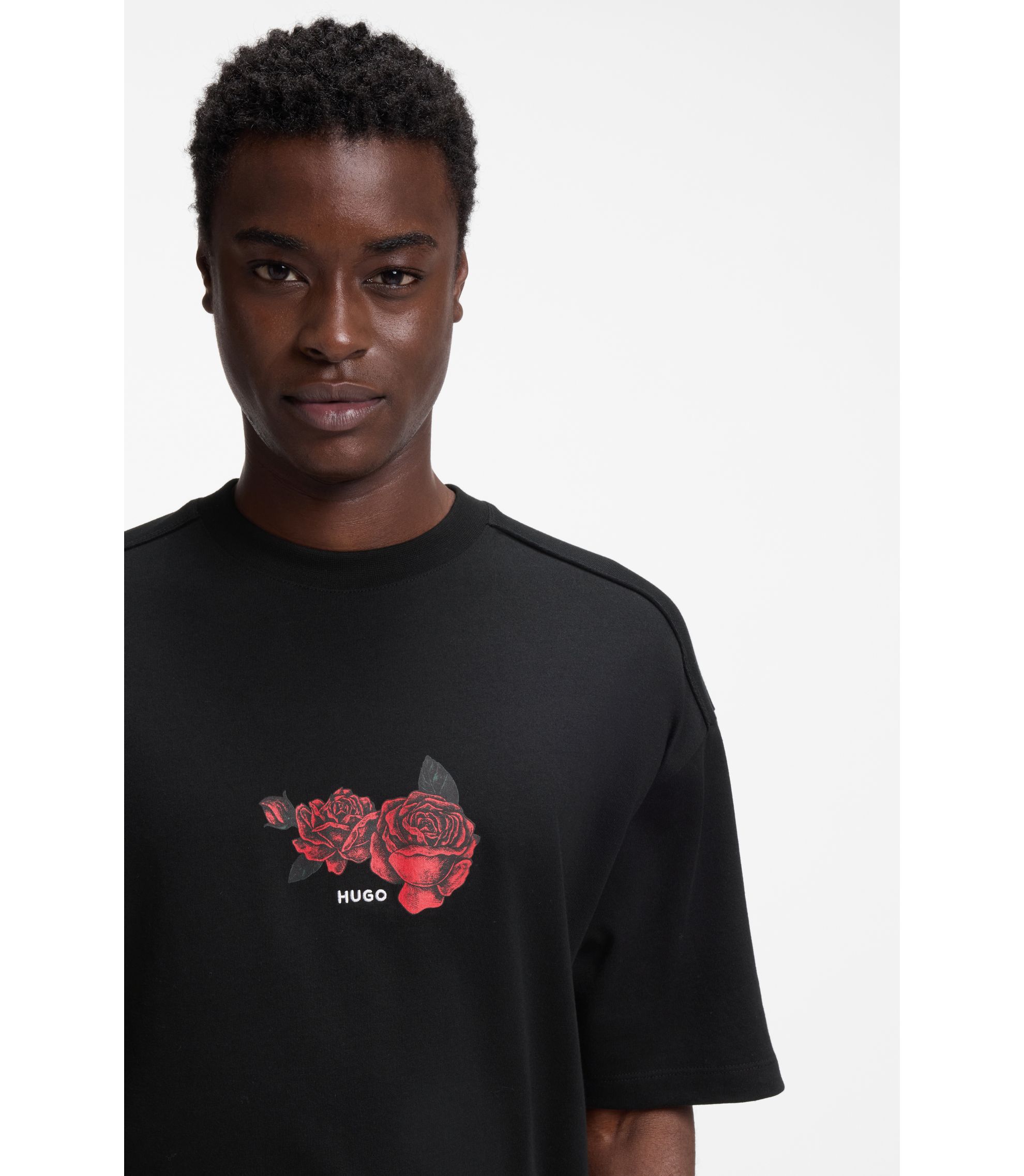 HUGO - Rose-artwork T-shirt in cotton jersey - Black