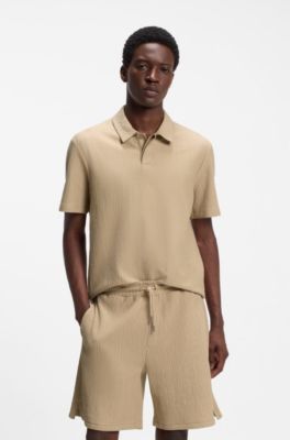 Cotton-blend polo shirt with creased effect, Beige