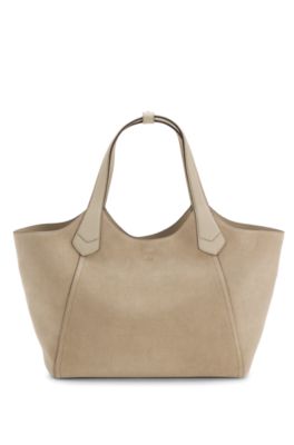Leather-trim tote bag in suede, Light Beige