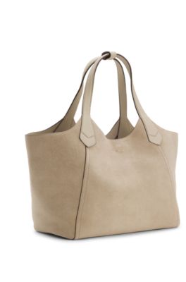 Leather-trim tote bag in suede, Light Beige