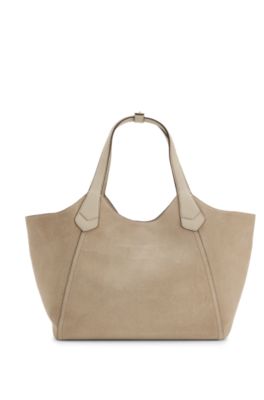Leather-trim tote bag in suede, Light Beige