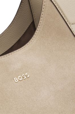 Leather-trim tote bag in suede, Light Beige