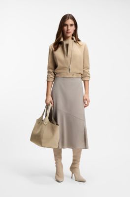 Leather-trim tote bag in suede, Light Beige