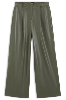 Wide-leg pants in faux leather, Dark Green
