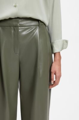 Wide-leg pants in faux leather, Dark Green