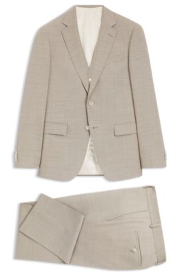 Three-piece slim-fit suit in patterned stretch wool, Khaki