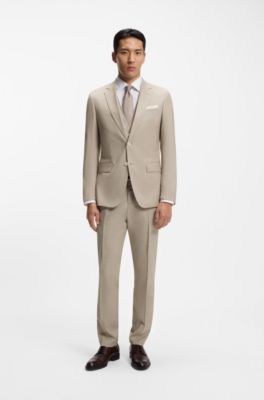 Three-piece slim-fit suit in patterned stretch wool, Khaki