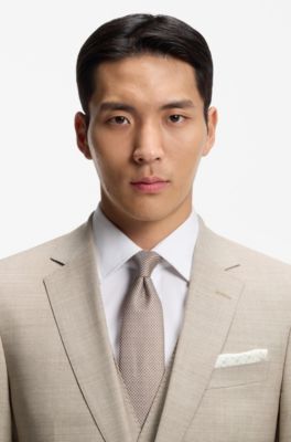 Three-piece slim-fit suit in patterned stretch wool, Khaki