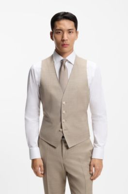 Three-piece slim-fit suit in patterned stretch wool, Khaki