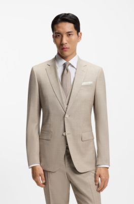 Three-piece slim-fit suit in patterned stretch wool, Khaki