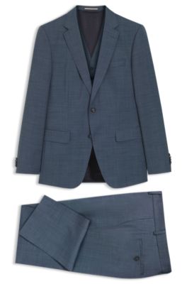 Three-piece slim-fit suit in patterned stretch wool, Light Blue