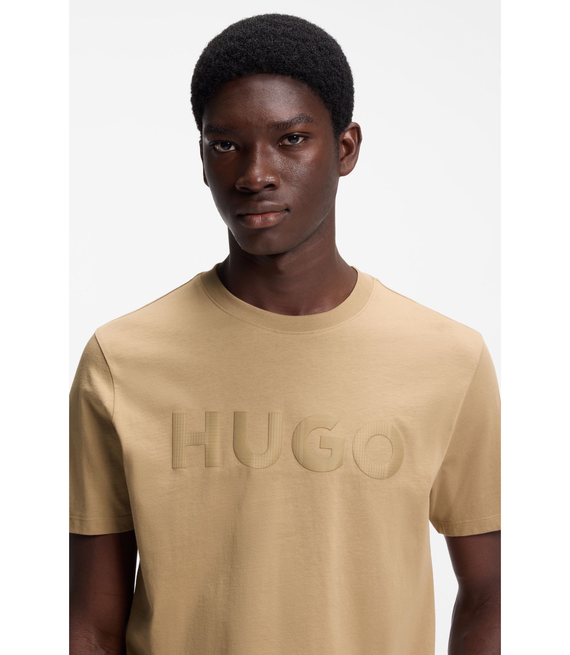 HUGO - Cotton-jersey T-shirt with check logo - Beige