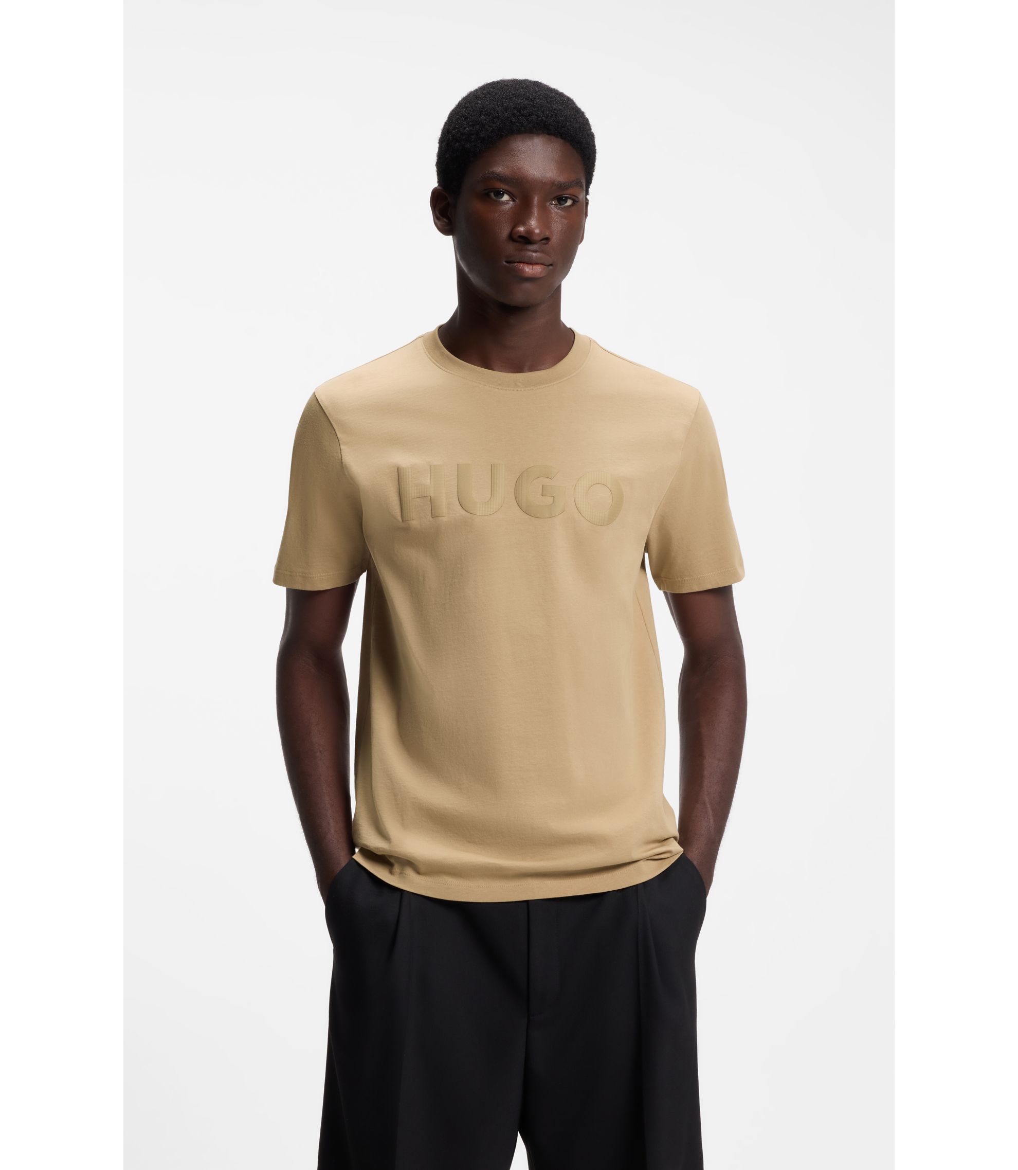 HUGO - Cotton-jersey T-shirt with check logo - Beige