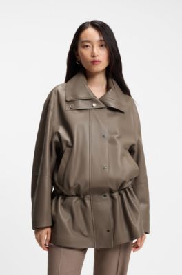 Parka-style jacket in leather, Brown
