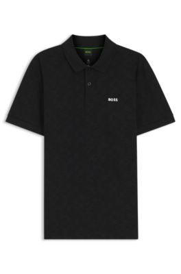 Cotton-piqu&eacute; polo shirt with all-over print, Black