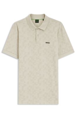 Cotton-piqu&eacute; polo shirt with all-over print, Light Beige