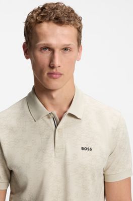 Cotton-piqu&eacute; polo shirt with all-over print, Light Beige